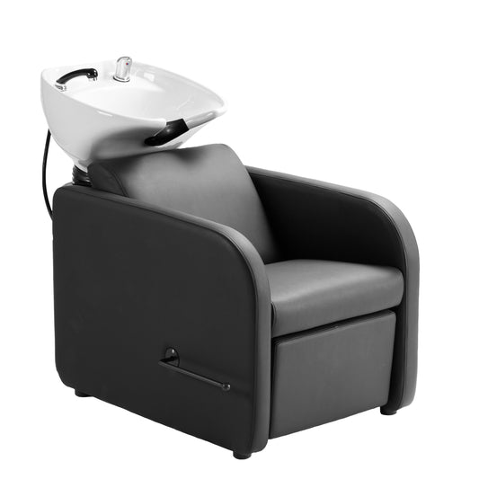 Rampa de lavagem MIDI com apoio de pés manual e cuba de cerâmica ajustável para cabeleireiro.