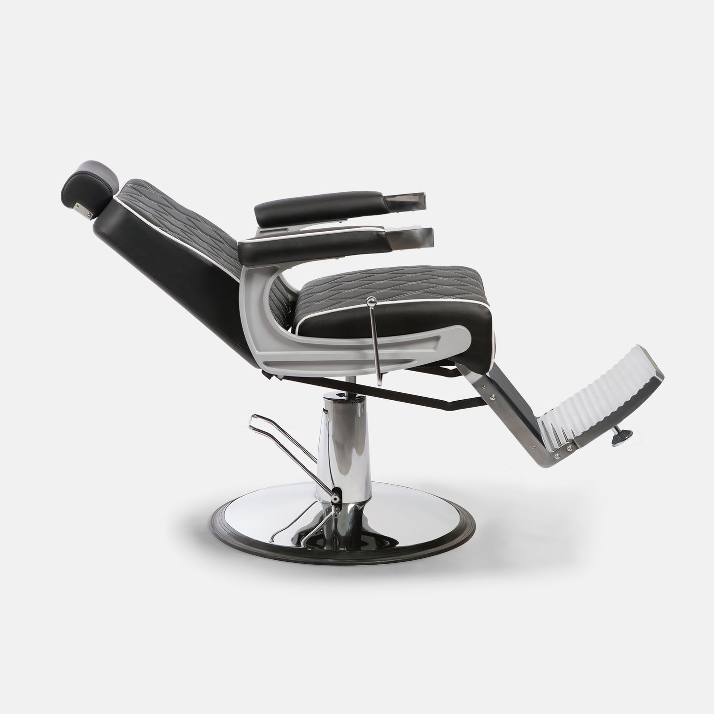 Cadeira de barbeiro cinza modelo GON reclinável para barbearias clássicas e modernas.