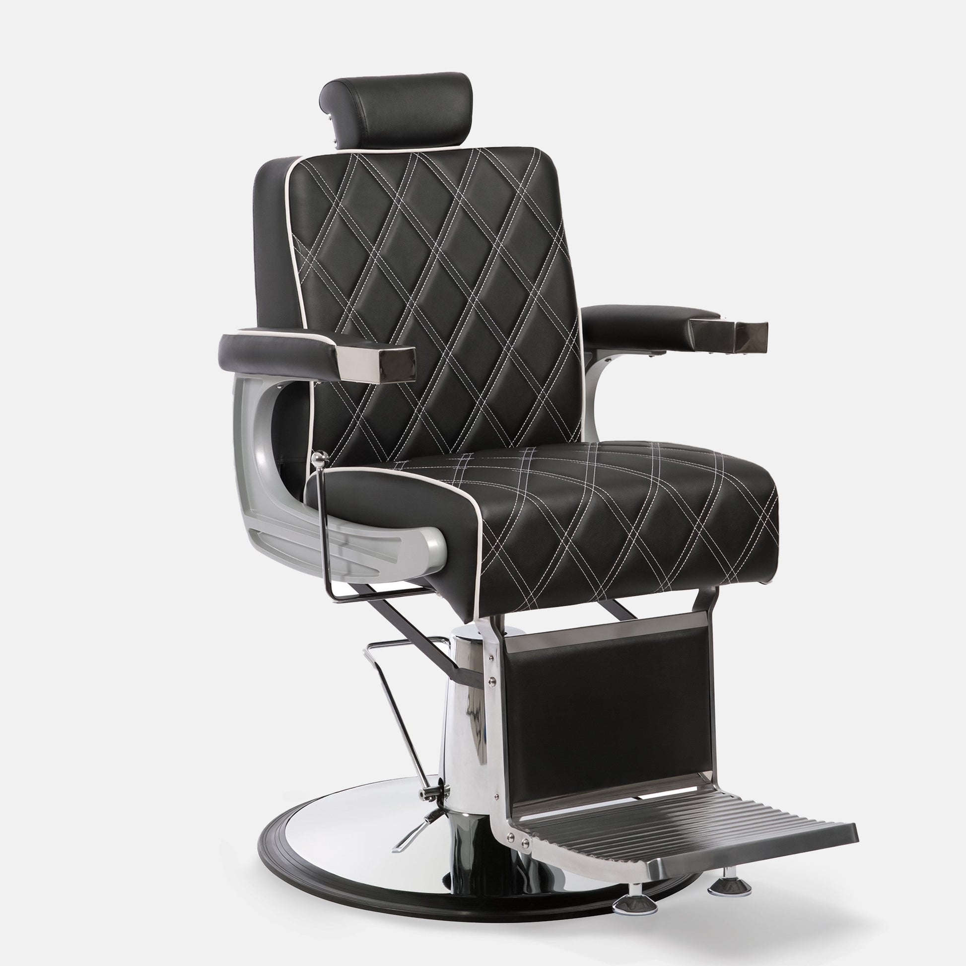 Cadeira de barbeiro cinza modelo GON reclinável para barbearias clássicas e modernas.