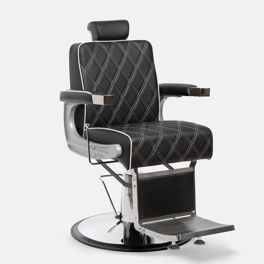 Cadeira de barbeiro cinza modelo GON reclinável para barbearias clássicas e modernas.
