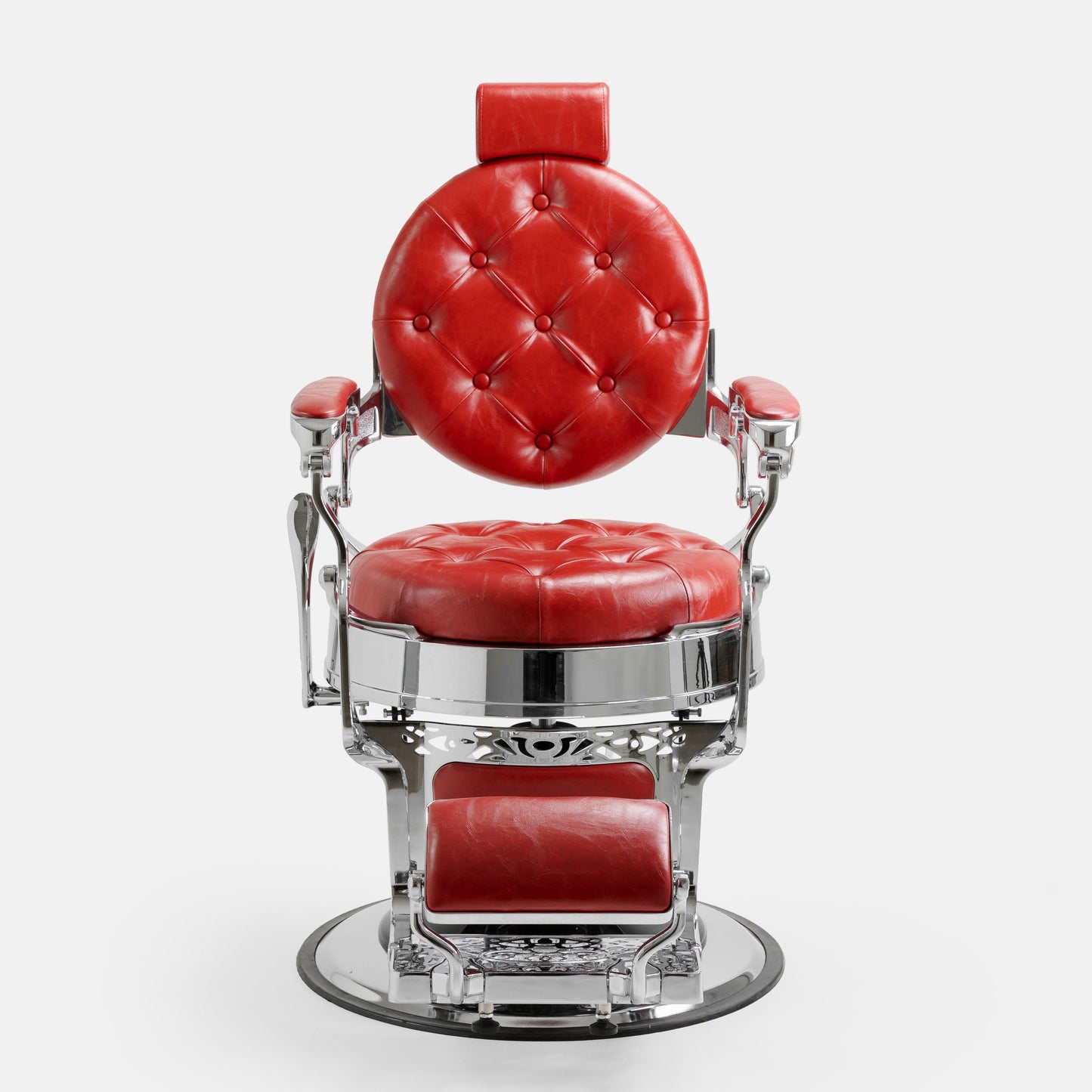 Cadeira de barbeiro MACK Pro Salon em cromada com detalhes a vermelho.