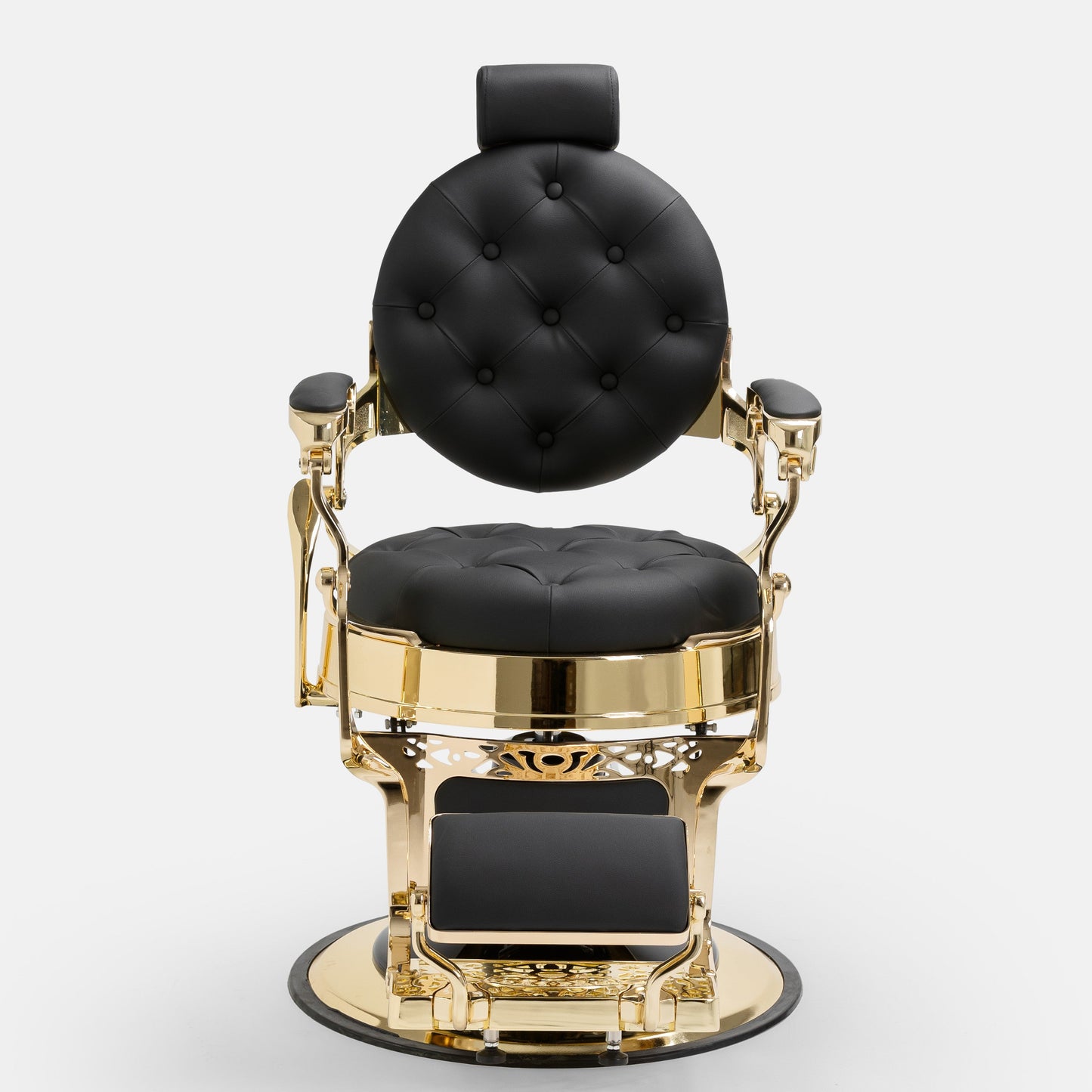 Cadeira de barbeiro MACK Pro Salon com estrutura dourada e assento preto.