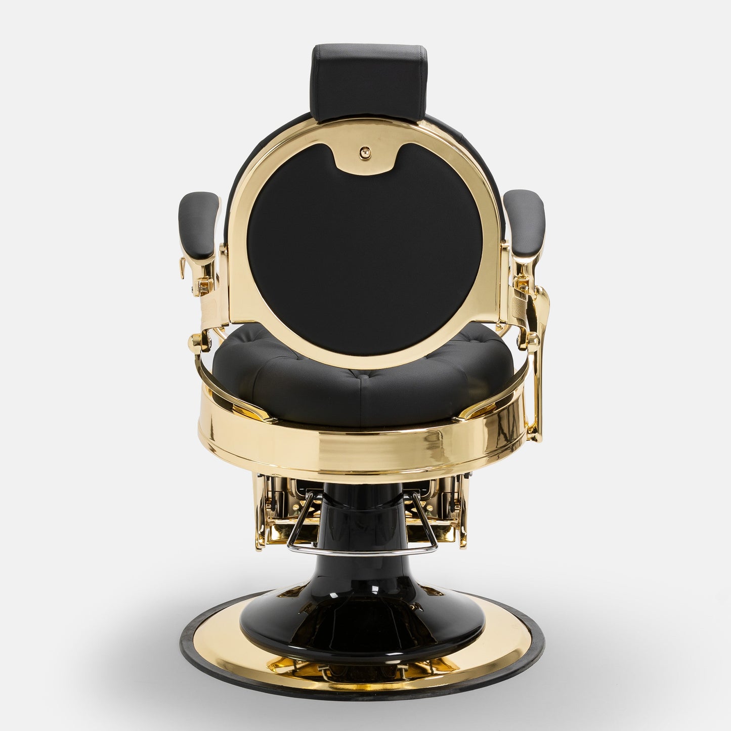Cadeira de barbeiro MACK Pro Salon com estrutura dourada e assento preto.