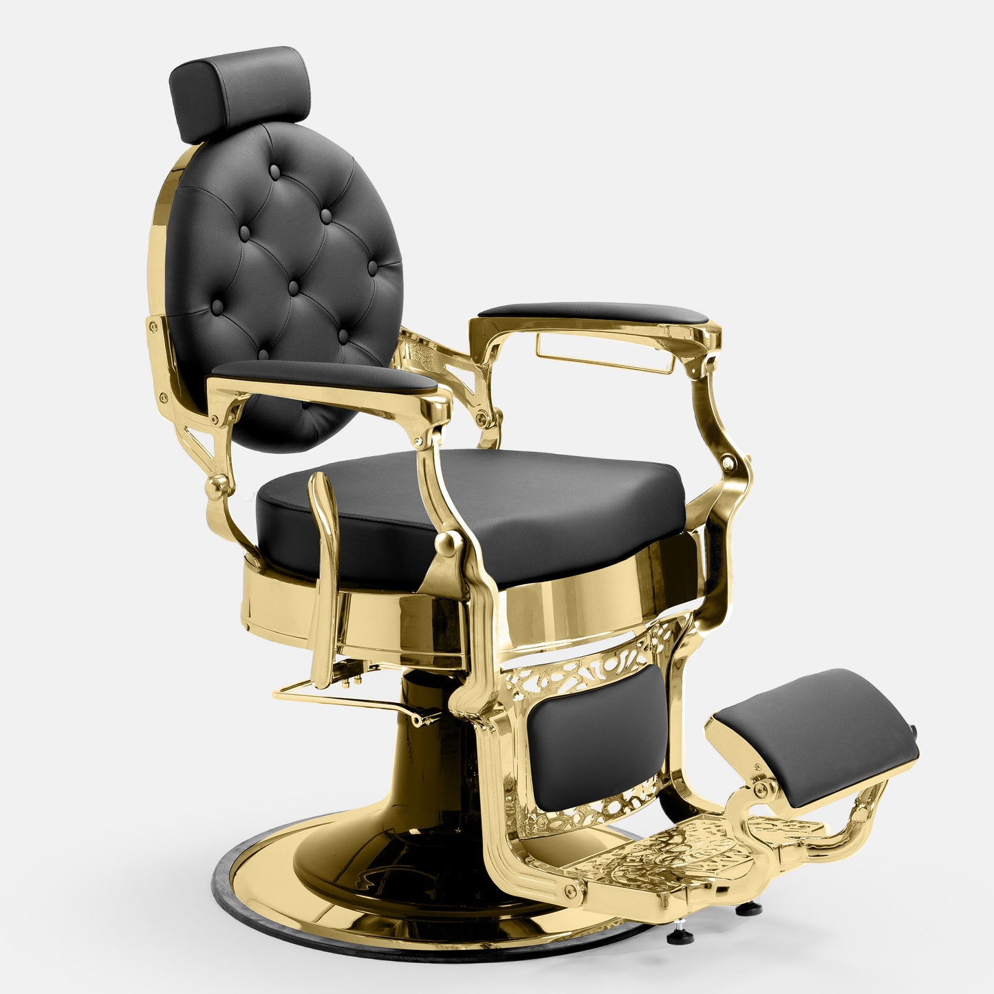 Cadeira para barbearia Pro Salon modelo MAE em dourado e preto.