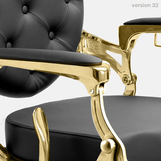 Cadeira para barbearia Pro Salon modelo MAE em dourado e preto.