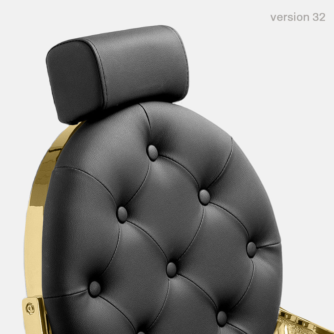 Cadeira para barbearia Pro Salon modelo MAE em dourado e preto.