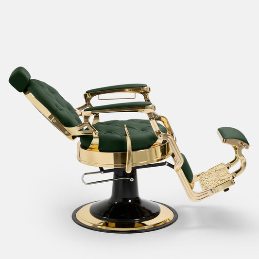 Cadeira de barbeiro luxo MACK dourada e verde para salões premium.