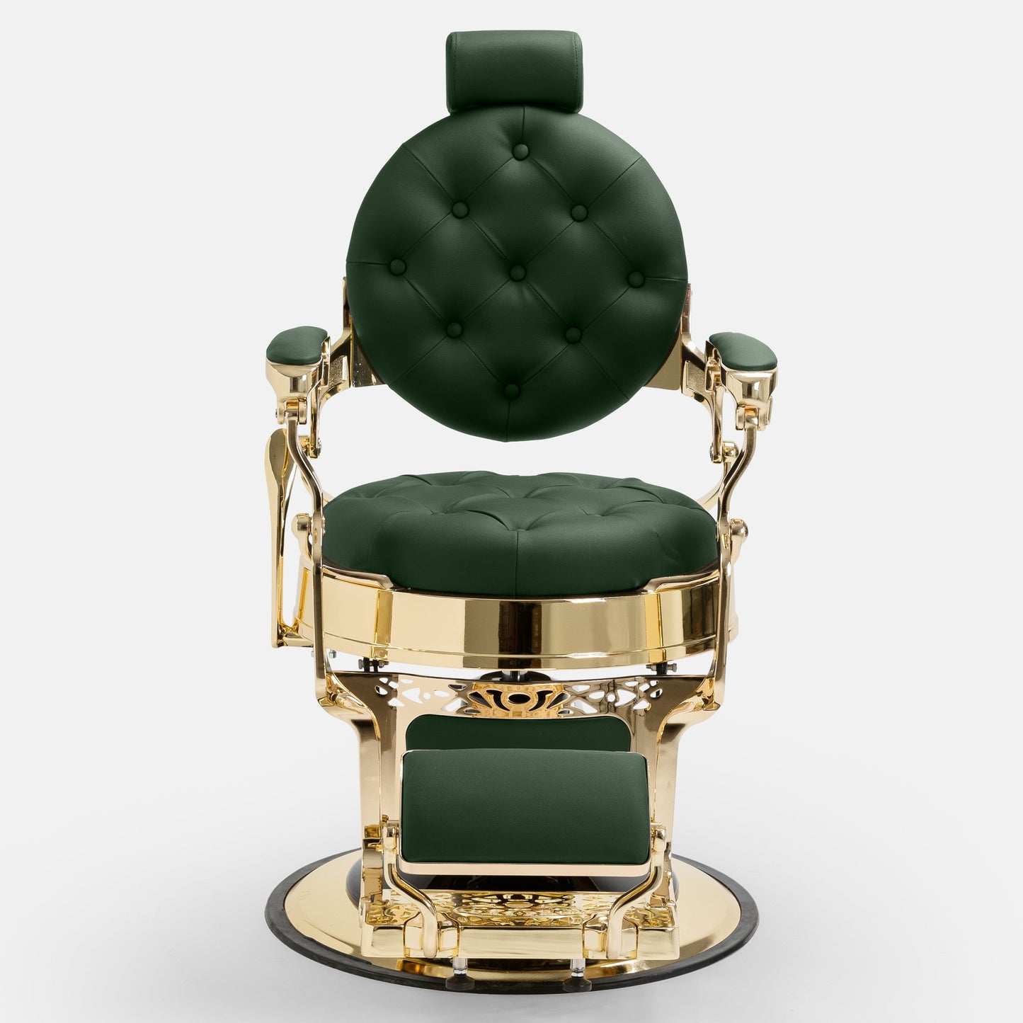 Cadeira de barbeiro luxo MACK dourada e verde para salões premium.