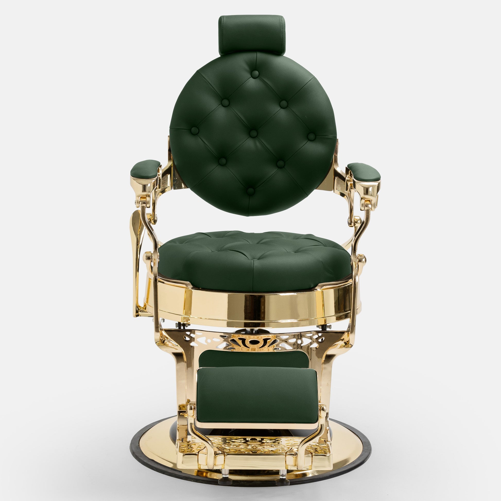 Cadeira de barbeiro luxo MACK dourada e verde para salões premium.