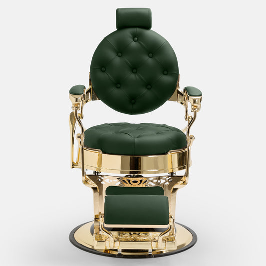 Cadeira de barbeiro luxo MACK dourada e verde para salões premium.