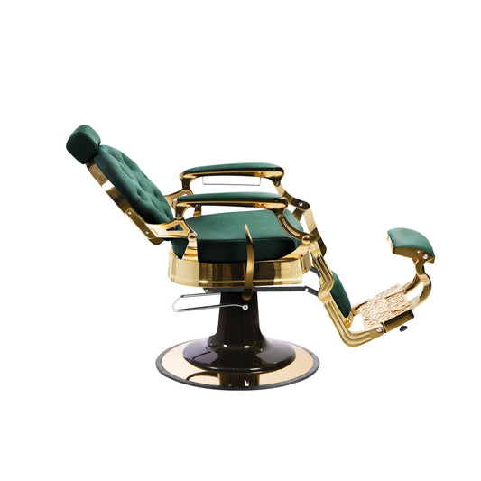 Cadeira de barbeiro vintage de luxo MAE em dourado e verde esmeralda Pro Salon.