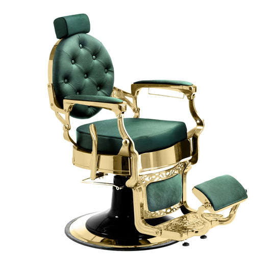 Cadeira de barbeiro vintage de luxo MAE em dourado e verde esmeralda Pro Salon.