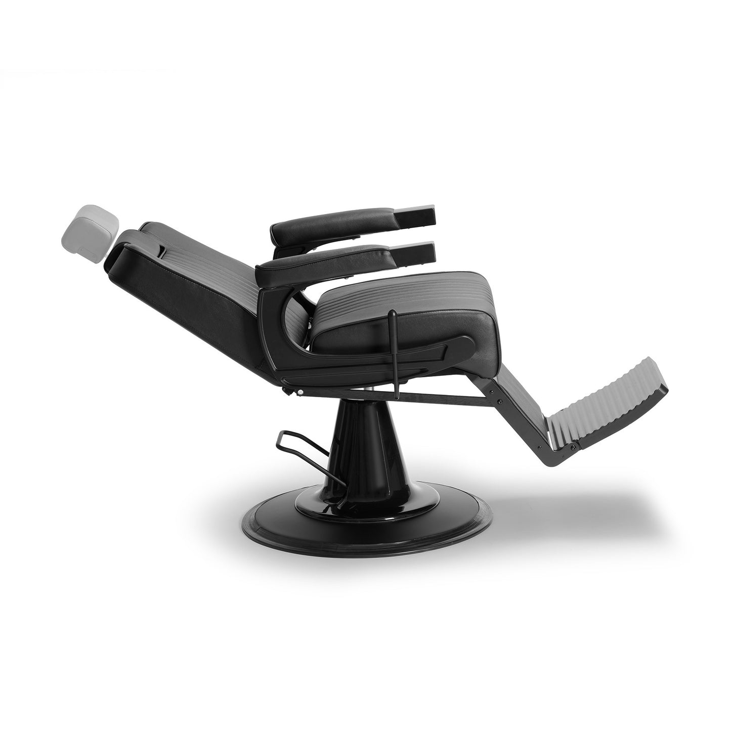 Cadeira de barbeiro profissional modelo GONI com base hidráulica e design ergonómico.