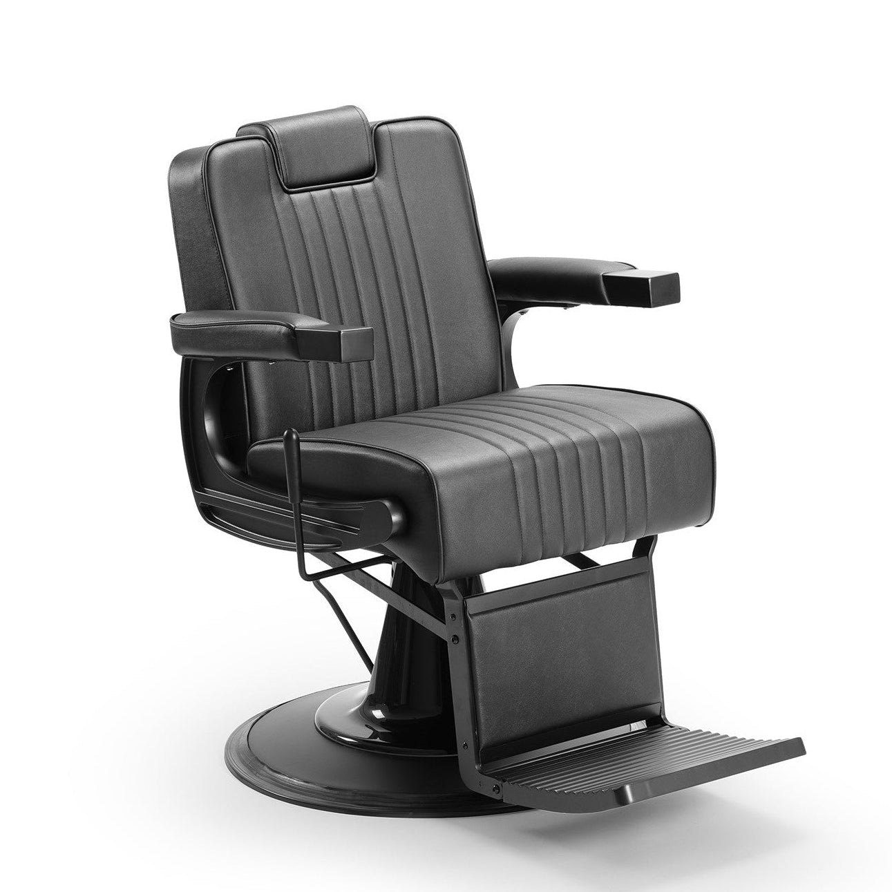 Cadeira de barbeiro profissional modelo GONI com base hidráulica e design ergonómico.