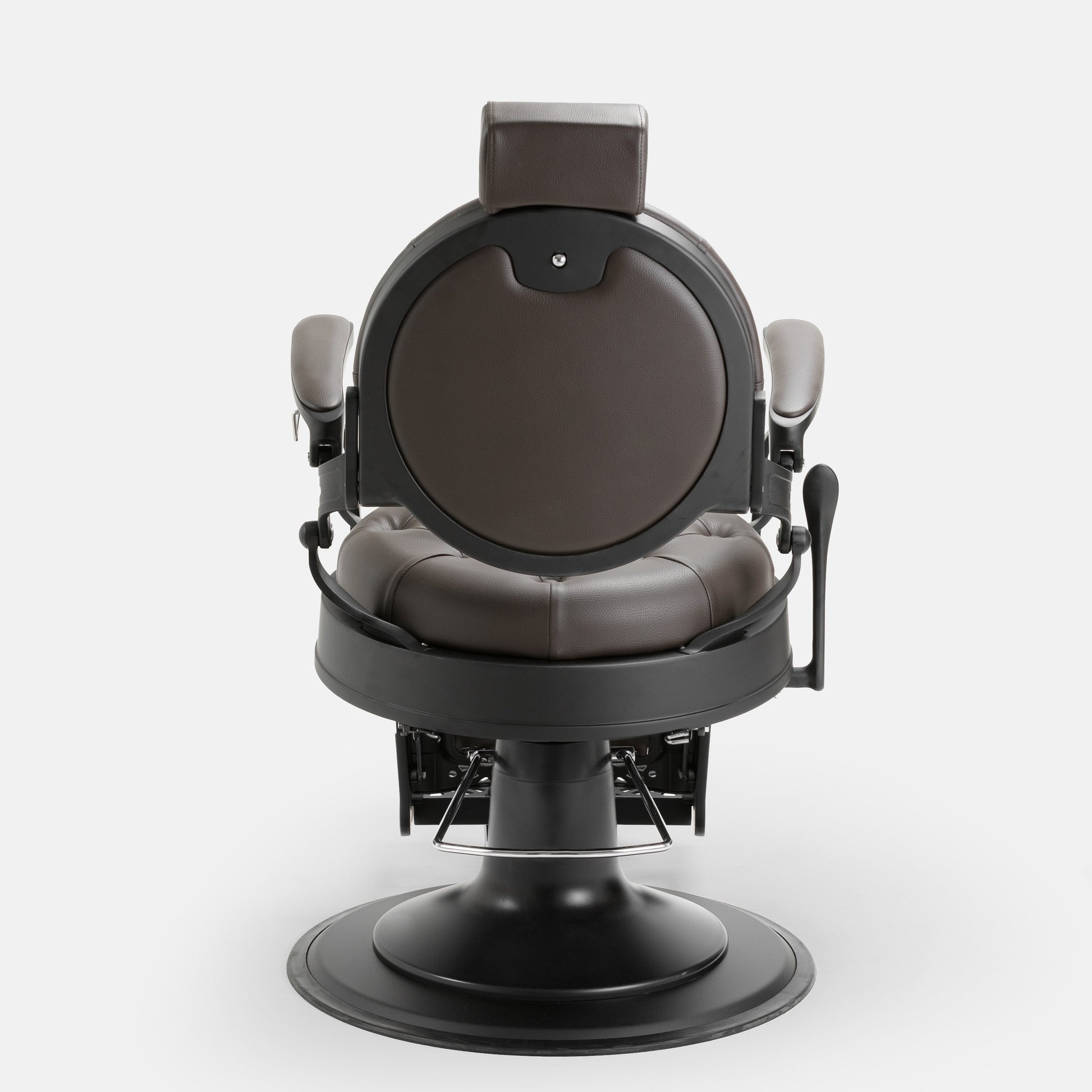 Cadeira de barbeiro MACK Pro Salon em tons preto e castanho terra.