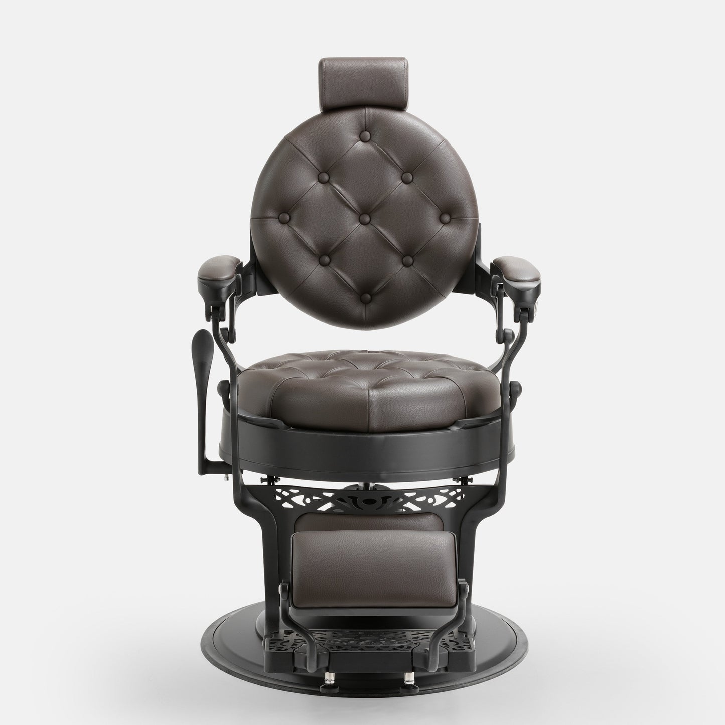 Cadeira de barbeiro MACK Pro Salon em tons preto e castanho terra.