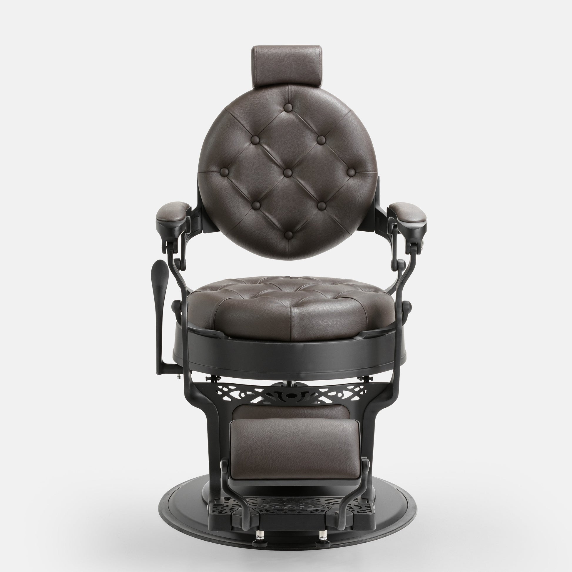 Cadeira de barbeiro MACK Pro Salon em tons preto e castanho terra.
