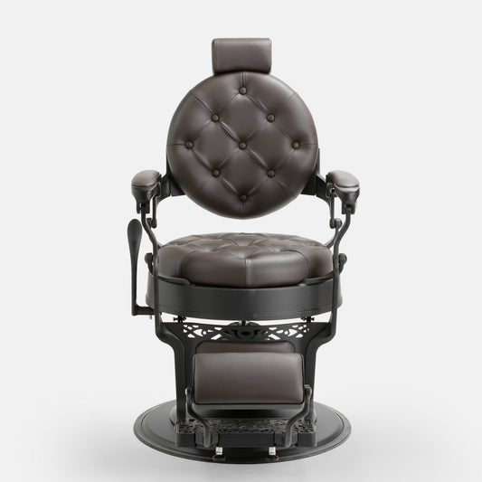Cadeira de barbeiro MACK Pro Salon em tons preto e castanho terra.