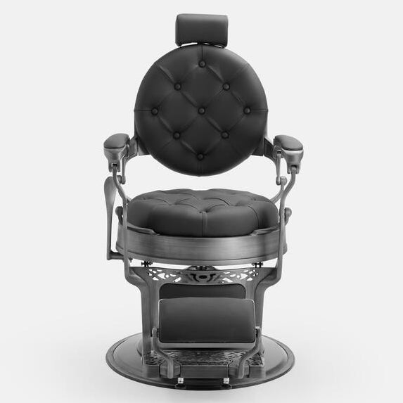 Cadeira de barbeiro profissional preta e cinza modelo MACK.
