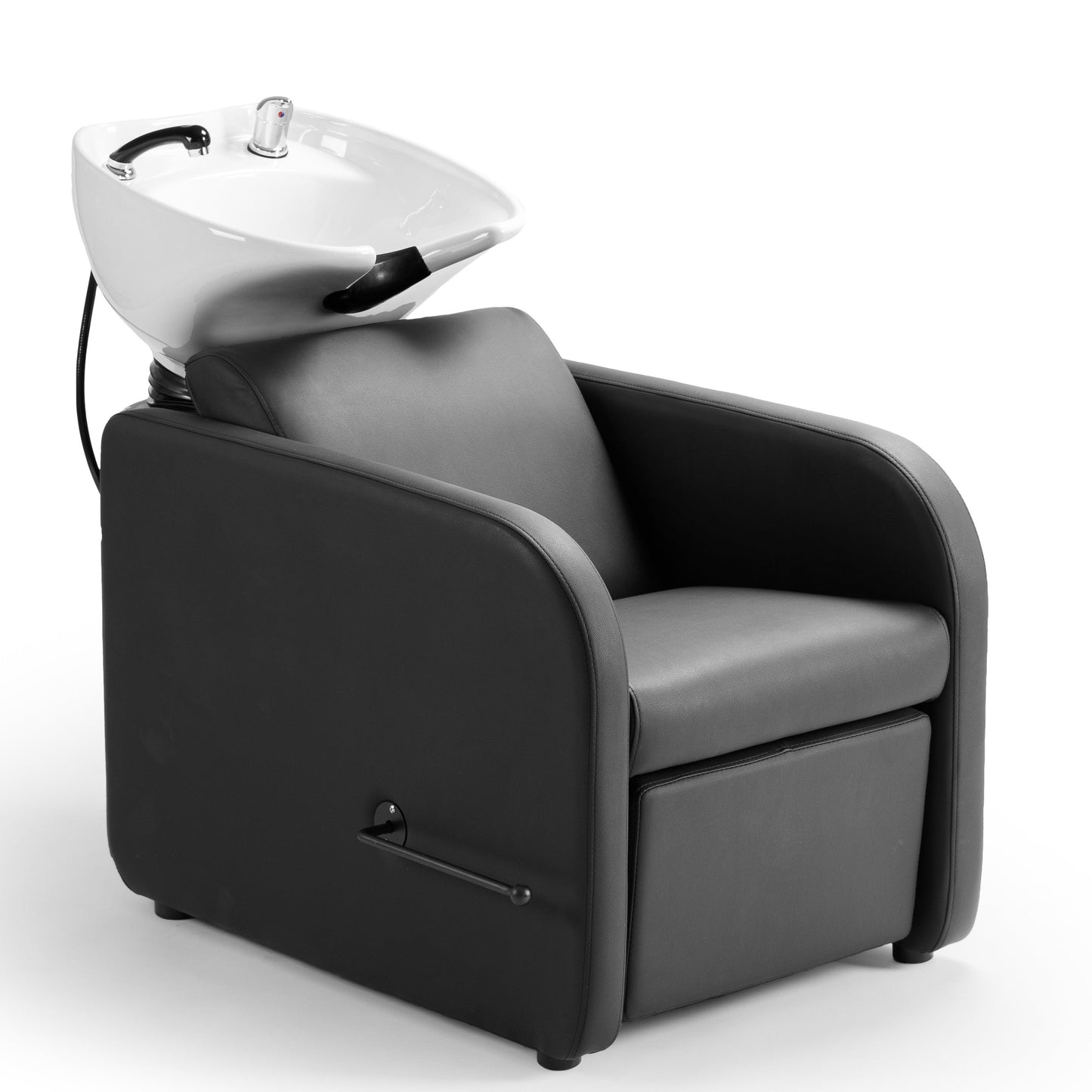 Rampa de lavagem MIDI com apoio de pés manual e cuba de cerâmica ajustável para cabeleireiro.